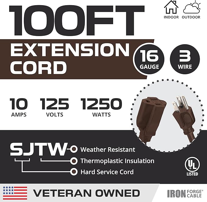Iron Forge Cable Outdoor Brown Extension Cord 100 ft - 16 Gauge 10 Amp Heavy Duty Brown Outdoor Extension Cords 3 Prong - 16/3 SJTW Great for Outdoor