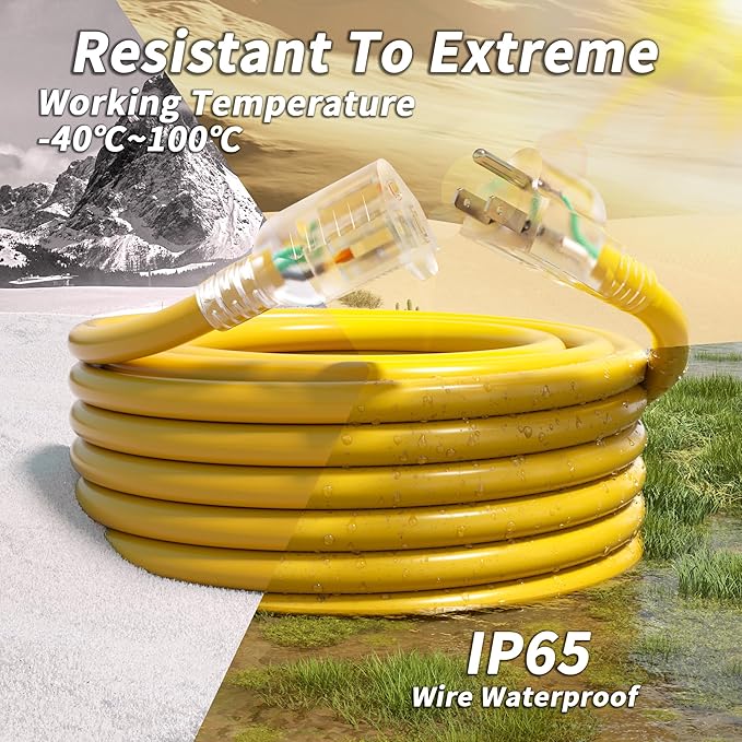 PlugSaf 50ft 12/3 Gauge Outdoor Extension Cord Waterproof with Lighted Indicator, 12 Gauge SJTW Heavy Duty 15Amp 1875W, 3 Prong Cords Flexible Copper Yellow ETL Listed