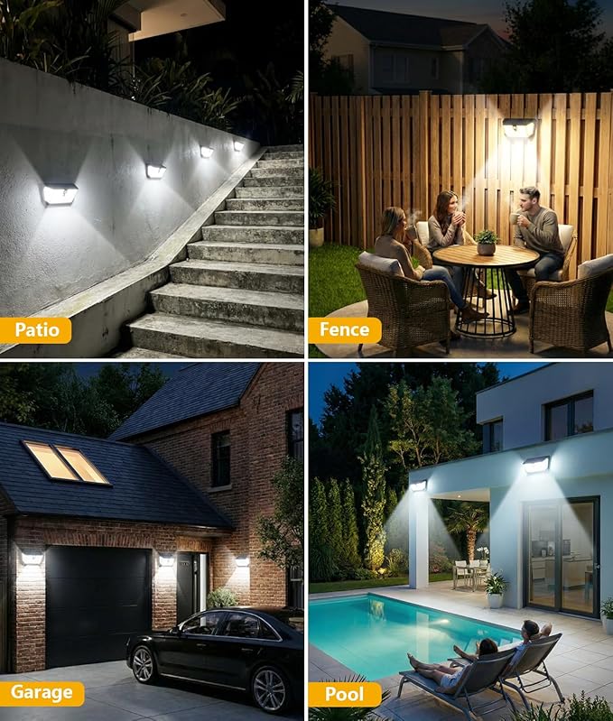 WdtPro Solar Lights Outdoor Waterproof, 300° Angle & 3 Lighting Modes Motion Sensor Outdoor Lights, Solar Security Flood Lights for Outside Fence Wall Yard Front Door Deck Garden Garage 4 Pack