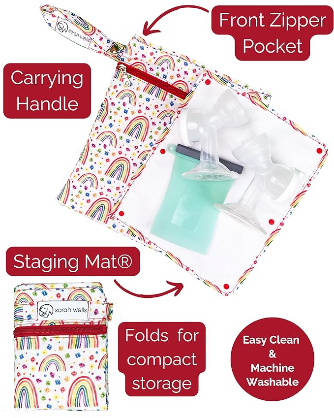 Sarah Wells Pumparoo Wet Dry Bag for Breast Pump Parts – Compact Organizer with Waterproof Pocket, Staging Mat & Fridge Hack – Machine Washable Pumping Accessory (Rainbows)