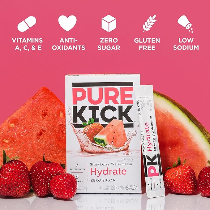 Pure Kick Hydration Singles To Go Drink Mix, Strawberry Watermelon, Includes 12 Boxes with 6 Packets in each Box, (Pack of 144)