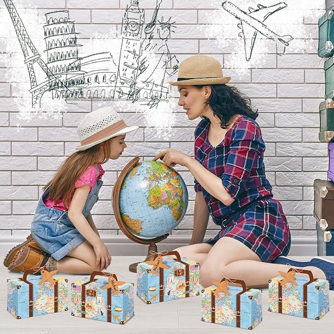 24Pcs Large Suitcase Party Favor Boxes Travel The Map Paper Treat Box with Tags Birthday Supplies Travel Theme Candy Goodie Gift Boxes for Birthday Baby Shower Wedding Adventure Party Table Decoration