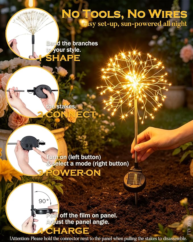 Solar Garden Lights Outdoor Yard Decorations, 2 Pack 150Leds Pathway Lights Stake, Fairy Firework Light for Garden, Patio, Pathway, Flowerbed Gold Color