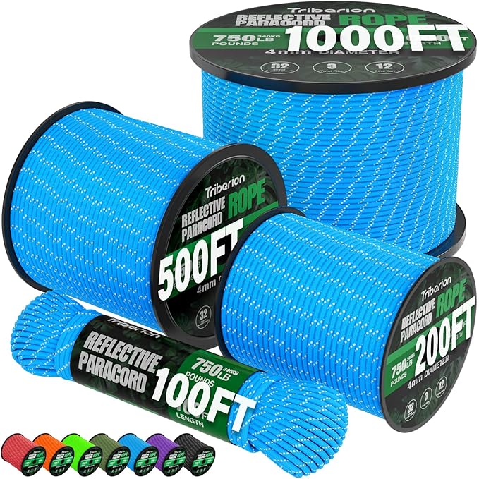 Reflective Paracord Rope 750 lb - 1000ft 5/32" Parachute Cord 4MM 12-Strand para Cord - Heavy Duty Spool String for Survival,Camping Gear, Survival Bracelet, Clothesline - Blue