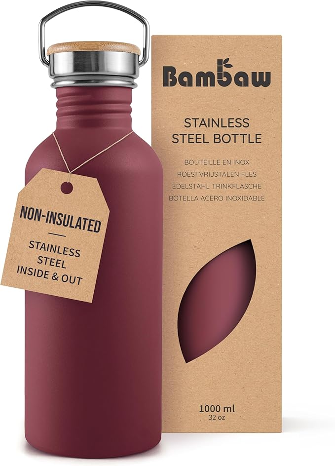 Bambaw Non-insulated 32 oz Water Bottle, Reusable Water Bottle Red, Single Wall Stainless Steel Water Bottle, Travel Water Bottle 32oz, Metal Water Bottle with Handle – Red Berry