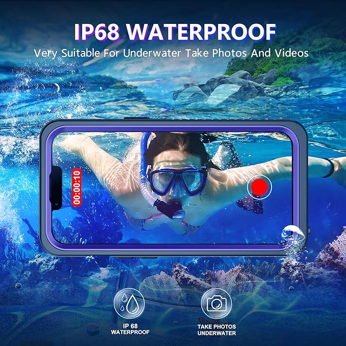 Temdan Compatible with iPhone 13 Case Waterproof, Built-in Screen & Camera Protector IP68 Underwater Full Body 13FT Military Dropproof Shockproof Phone Case 6.1"-Purple/Clear