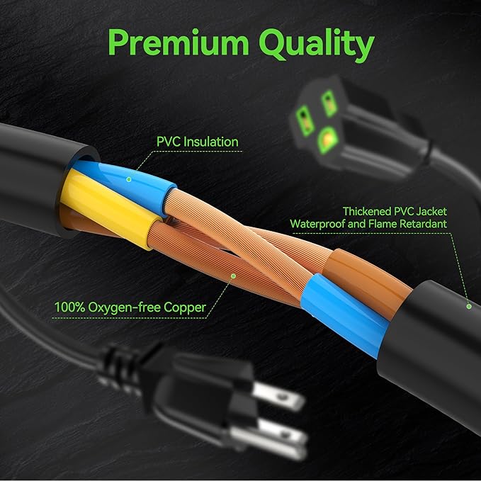 Power Extension Cord 10FT, 3 Prong Grounded Electric Extension Cable Outlet Saver, Single Outlet, Outside, Heavy Duty, Waterproof, Flexible, 16AWG, SJTW, 13A 125V, Outdoor & Indoor Power Wire (Black)