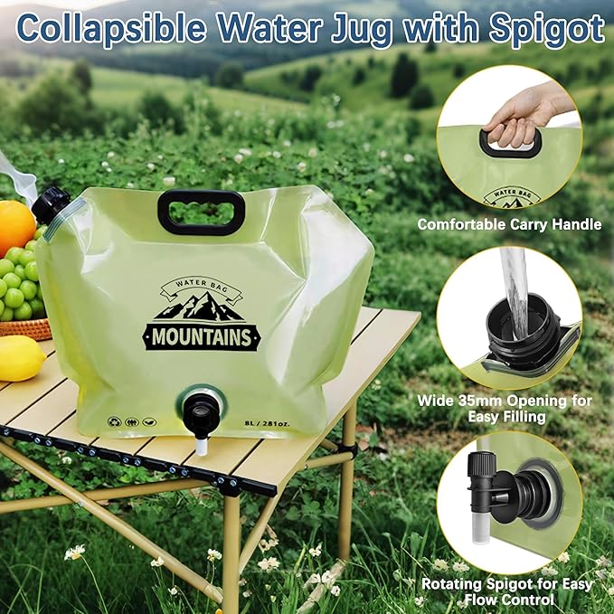 Water Jug Camping 2.1 Gallon Collapsible with Spigot, BPA Free Portable Water Pouch Foldable Water Bags for Outdoor Hiking, Travel and Emergency & Water Storage Containers (Green_Blue-2Pcs)