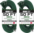Iron Forge Cable 2 Pack 50ft Green Outdoor Extension Cord with 3 Outlets - 16/3 SJTW 50ft Extension Cord, 13 Amp All-Weather Heavy Duty Power Cable