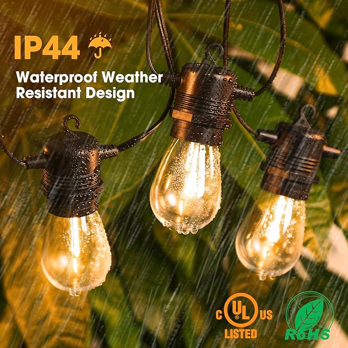 GvvooHome 200FT(50FT*4) LED Outdoor String Lights Waterproof Patio Lights with 64 Shatterproof S14 Edison Bulbs(4 Spare), Dimmable Hanging Outdoor Light Connectable for Yard, Porch, 2700K Warm White