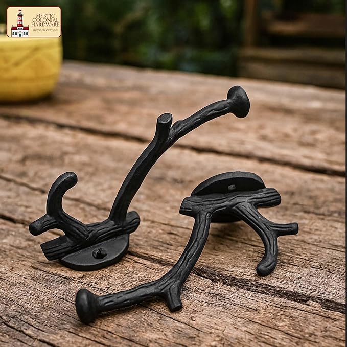 Mystic Colonial Rustic Cast Iron Wall Hooks, Heavy Duty Retro Utility Hooks for Hanging Coat, Bag, Towel, Robe, Hat and More, Pack of 2, Black