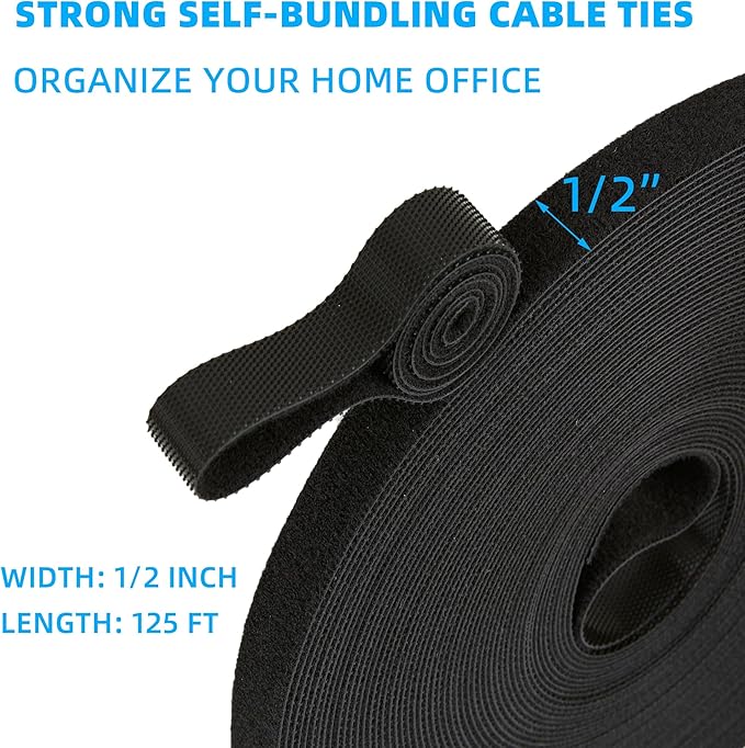 125 ft x 1/2 inch Hook and Loop Roll, Reusable Fastening Cable Ties, Multi-purpose Cable Management Wire Ties Cable Straps for Organizing Home, Office and Data Centers