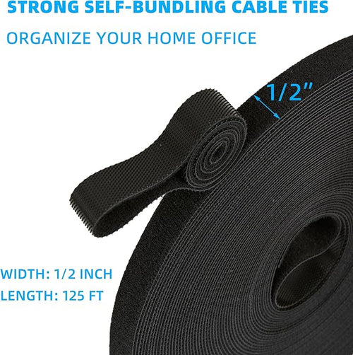 125 ft x 1/2 inch Hook and Loop Roll, Reusable Fastening Cable Ties, Multi-purpose Cable Management Wire Ties Cable Straps for Organizing Home, Office and Data Centers