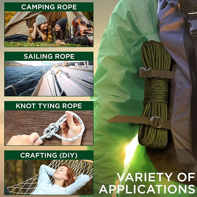 TECEUM Rope – 90 Feet x 1/4 Inch (7mm) – Army Green – Strong All-Purpose Utility Rope – Camping, Crafting, Flag Pole, Indoor & Outdoor – Polypropylene Nylon Poly Lightweight Diamond Braided Cord