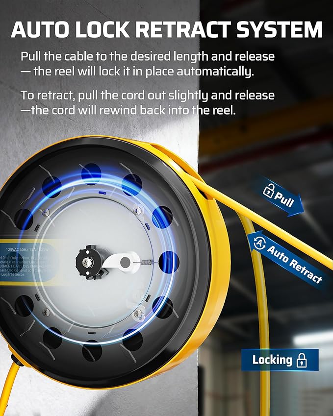 DEWENWILS 30FT Retractable Extension Cord Reel, Ceiling/Wall Mount 14/3 SJTW Power Cord with 3 Lighted Triple Outlets for Garage Shop, 13 Amp Circuit Breaker, Metal Plate, ETL Listed, Yellow