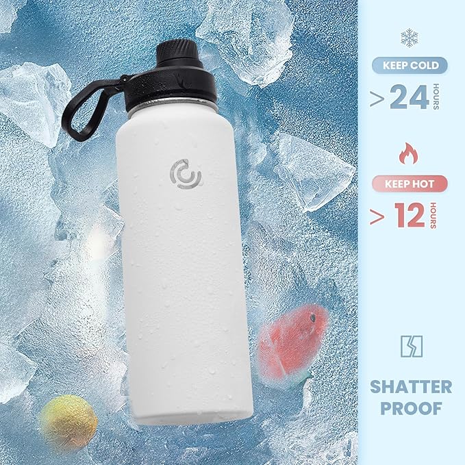 Sports Water Bottle 40oz, Insulated Water Bottle with Handle,Stainless Steel,Simple Modern,Suitable for Travel, School, Boy, Girl(White)