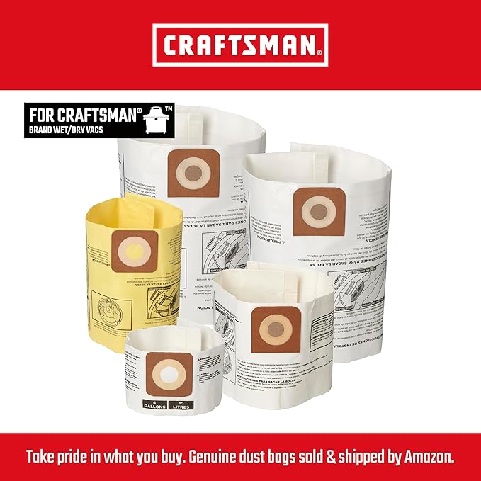 CRAFTSMAN CMXZVBE39970 Genuine Fine Dust Wet Dry Vac Dust Collection Bags for Most 6 to 10 Gallon CRAFTSMAN Shop Vacuums, Collects Dry Fine Debris, Reduces Cleanup Time, 2-Pack
