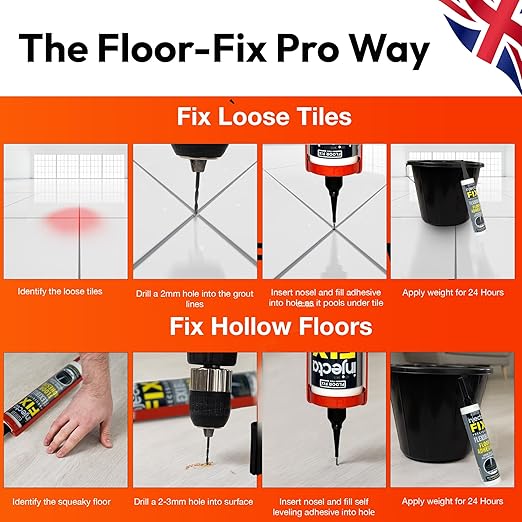 Floor-Fix Pro The Original Adhesive - Extra Strength - Fix Loose & Hollow Tiles, Repair Squeaky Wood Floor - All in One 5/64” Patented Stainless Steel Injection Tip + Anti Clog Cap (12)