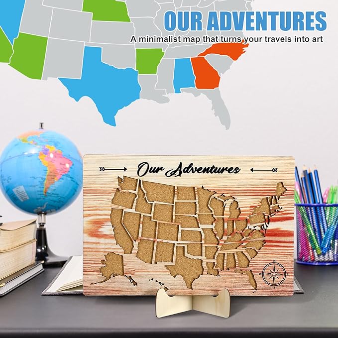 Cork Board USA Travel Map with Push 100 Pin and Wooden Storage Box 12" x 8" United States Tracking Map for Travel Tracking Couples Gift for RV Vacations Geography Classroom Decor