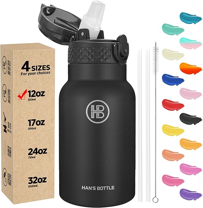 Han's Bottle Kids Water Bottle with Straw Lid - Insulated Stainless Steel Reusable Tumbler for Girls,Boys,Thermo Mug,12oz,Black
