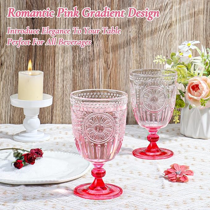 XUWAIDSGN 6Pcs Plastic Vintage Wine Glasses 13.5oz Reusable Embossed Goblet Glasses Pink Gradient Retro Wine Glassware Unbreakable Stemmed Champagne Water Cups for Wine Cocktail Juice Wedding