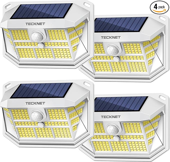 TECKNET 231 LED Solar Motion Lights Outdoor Waterproof, 4 Pack 300° Angle & 3 Lighting Modes PIR Motion Sensor Security Solar Wall Lights IP65 for Fence Front Door Yard Deck Garden Garage