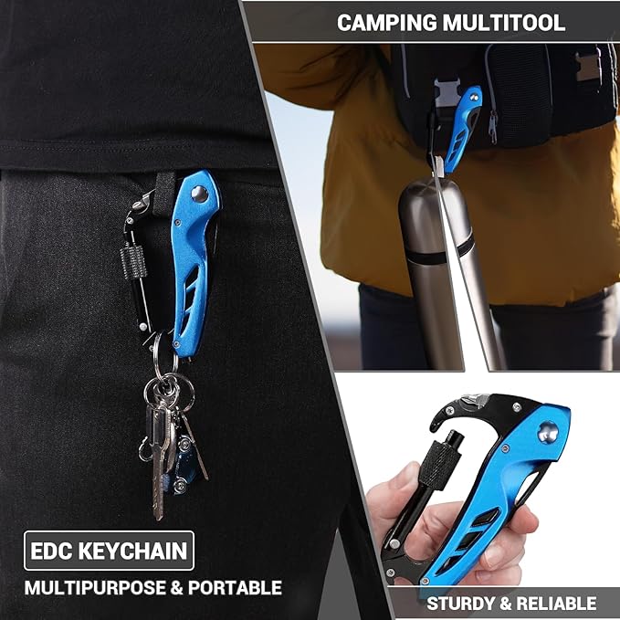 FUNBRO EDC Multitool Carabiner with Knife, Bottle Opener, Window Breaker and Screwdriver, Survival Knives Tools for Men Outdoor Camping (Blue)