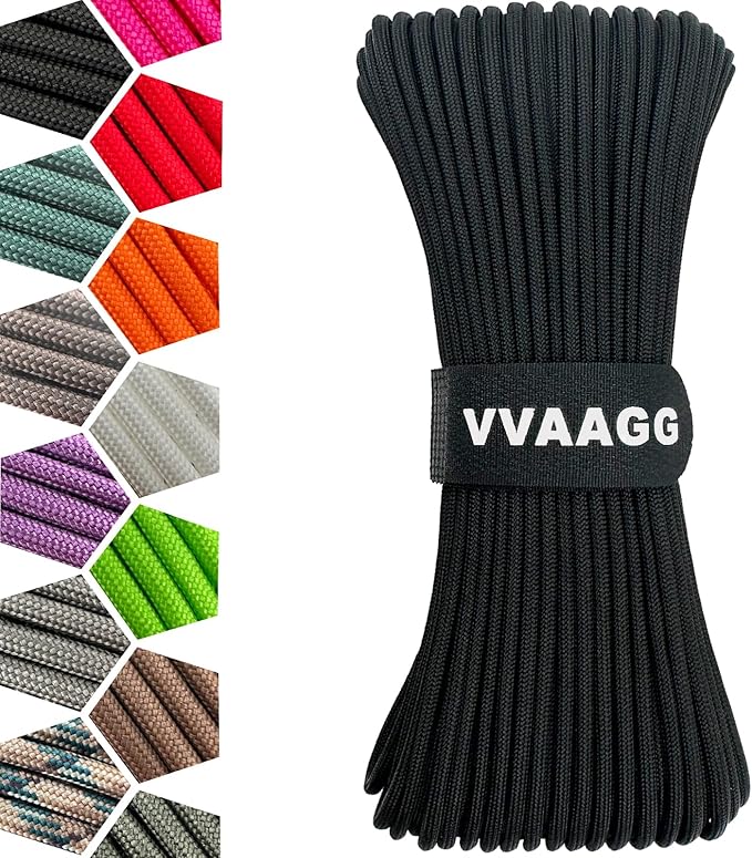VVAAGG 1000 Black Paracord Rope 100FT Utility Nylon Heavy Duty 12 Strand Parachute Cord for Camping, Tent, Clothsline, Outdoor Hiking, Fishing, Survival Braceletand, Weatherproof Rope (100FT)