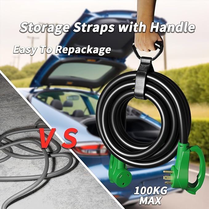 PlugSaf 25 FT 30 Amp RV Extension Cord Outdoor, Flexible Heavy Duty 10/3 Gauge STW RV Power Cord Waterproof with Cable Organizer, NEMA TT-30P to TT-30R, Black-Green, ETL Listed