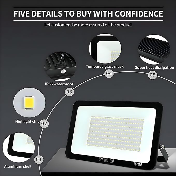 4Pack LED Flood Light Outdoor,250W LED Work Light 26500lmwith 6FT US Plug,IP66 Waterproof Exterior Security Lights,6000K Daylight White Outside Floodlights Slim Design for Playground Yard