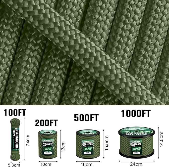 750lb Paracord Rope - 4mm 11 Strand Parachute para Cord Spool Rope Utility Nylon Survival String for Outdoor Camping Tent Crafting Bracelets DIY Projects - ArmyGreen 100ft