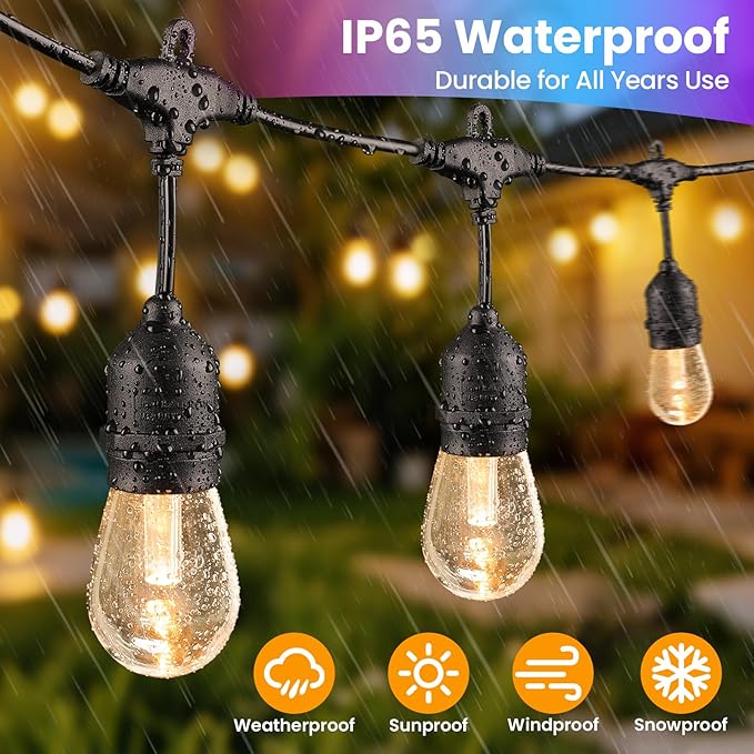 Larkvue 48FT RGBW Outdoor String Lights with Remote, Patio Lights with 15+2 Edison S14 Dimmable Shatterproof Bulbs for Outside Garden Backyard Hanging