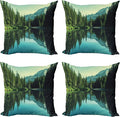 Ambesonne Glacier National Park Throw Pillow Cushion Case Pack of 4, Tree and Mountain Reflections on Calm Water, Modern Accent Double-Sided Digital Printing, 18", Olive Green