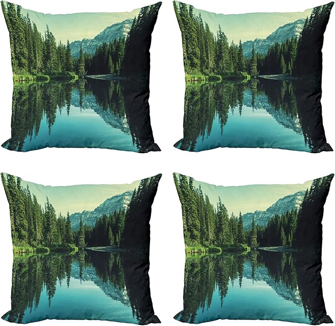 Ambesonne Glacier National Park Throw Pillow Cushion Case Pack of 4, Tree and Mountain Reflections on Calm Water, Modern Accent Double-Sided Digital Printing, 16", Olive Green