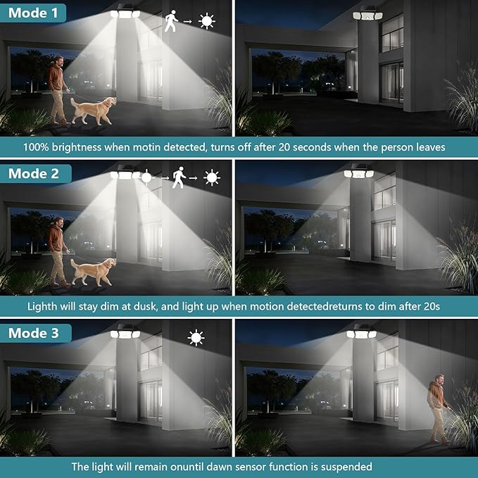 Solar Flood Lights Outdoor- 2800LM 200LED Solar Motion Sensor Lights, 3 Heads & 3 Modes Flood Lights, 270° Wide Angle Solar Powered Security Lights for Yard, Garage(2 Pack)