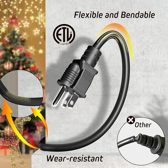 Eversimpleinc Black Outdoor Extension Cord with Multiple Outlets, (50FT 6 Outlets) Evenly Spaced with Weatherproof Cover, Ideal for Christmas Decoration Patio, 16AWG/3C SJTW, ETL Listed