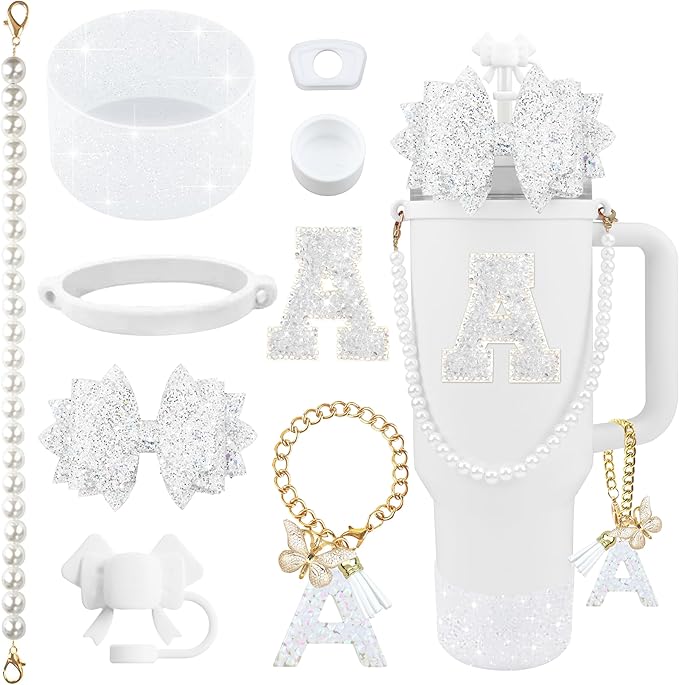 9PCS White for Stanley Cup Accessories Set Bling Initials Bow Charms for Stanley Decorations 30/40 Oz Tumbler Accessories Including Bow Straw Topper, Handle Strap, Spill Stopper（Letter A）