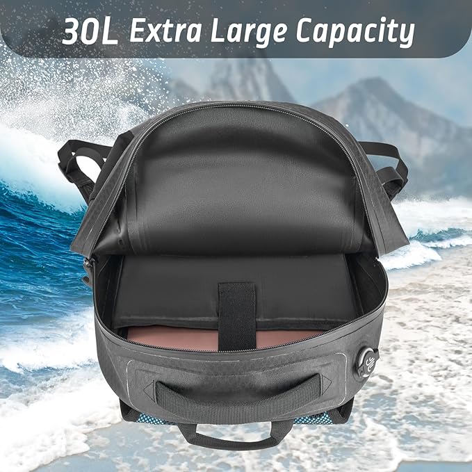 Trudave Waterproof Backpack, Waterproof Submersible Backpack, Floating TPU Coated Dry Bag with Airtight Zipper for Kayak, Fishing, Boating, Hiking, Black (20L)