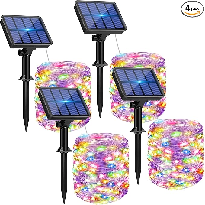 btfarm 4 Pack Solar String Lights Outdoor, Toltal 320LED 132FT Solar Fairy Lights Outside Waterproof 8 Modes, Copper Wire Solar Powered Twinkle Light for Tree Garden Christmas Wedding, Multicolor