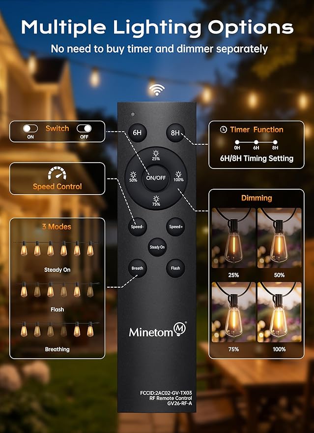 Minetom 200FT Outdoor String Lights with Remote, 64+2 Shatterproof ST38 LED Bulbs, Waterproof Patio Lights with 3 Modes, Dimmable & Connectable 2700K Hanging Lights for Backyard Porch Deck Balcony