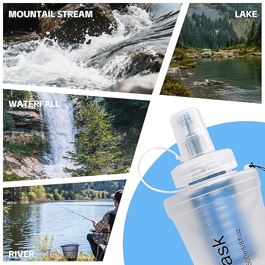 AXEN Collapsible Water Bottle with Filter System, Soft Hydration Flask for Trail Running, Camping, Hiking, Cycling, 500ml Clear
