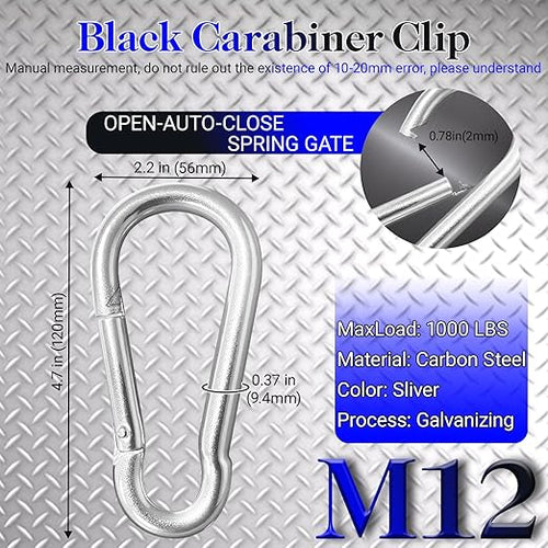 12 Pack 4.7" Heavy Duty Carabiner Clips, M12 Sliver Galvanized Steel Spring Snap Hooks, Rust-Resistant Keychain Clips for Hammock, Camping, Hiking, Fishing, Swing Set
