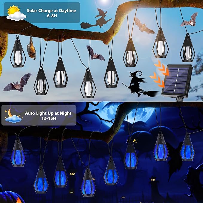 Solar String Lights for Outside, 21Ft Solar Patio Lights with 10 Flickering Flame Light Bulbs, Waterproof Blue Solar Powered Outdoor Lights for Garden Yard Patio Gazebo Bistro Cafe Porch Party Decor