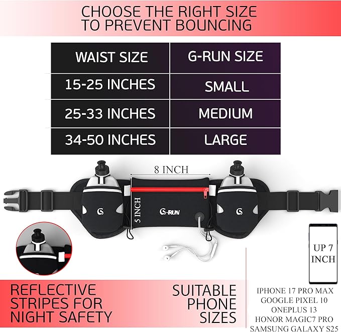 Q-RUN Hydration Running Belt with 2 x 10oz Water Bottles, No Bounce Adjustable Waist Belt for Men & Women, Marathon Running Gear