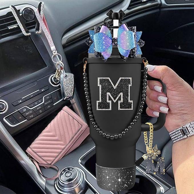 9PCS Black for Stanley Cup Accessories Set Bling Initials Bow Charms for Stanley Decorations 30/40 Oz Tumbler Accessories Including Bow Straw Topper, Handle Strap, Spill Stopper（Letter M）