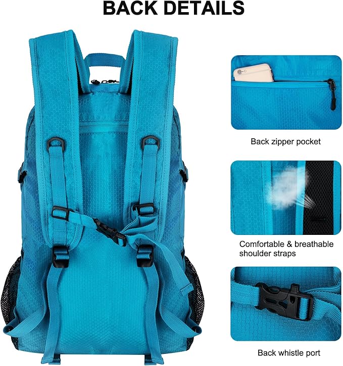Goloni 45L Hiking Backpack Lightweight Foldable, Waterproof Camping Backpack with Rain Cover & Hiking Pole Mat Carrying System, Ergonomic Water Resistant Daypack for Trekking Travel Men Women Blue