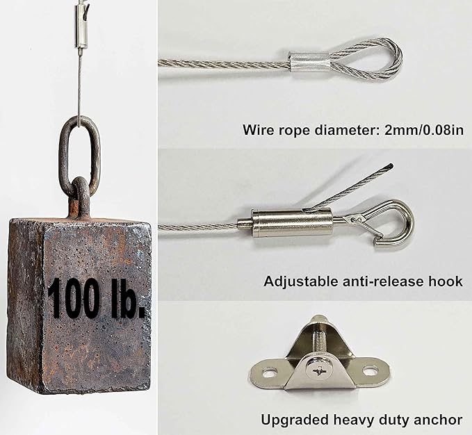 4 Sets Adjustable Hanging Wire Kit, Stainless Steel Multipurpose Suspension Wire Cable with Hook, Heavy Duty Anchor for Furniture, Light, Lamp, Picture, Mirror Secure to Wall or Ceiling, 80in