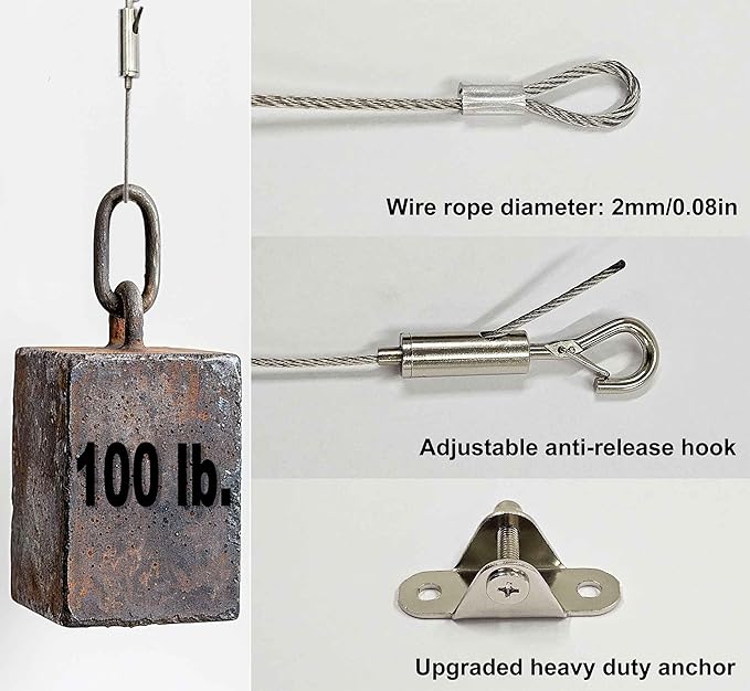 2 Sets Adjustable Hanging Wire Kit, Stainless Steel Multipurpose Suspension Wire Cable with Hook, Heavy Duty Anchor for Furniture, Light, Lamp, Picture, Mirror Secure to Wall or Ceiling, 30in