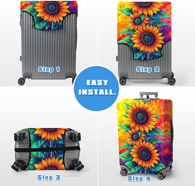 Luggage Cover Protector for 30-32 Inch Suitcases, TSA Approved Elastic Travel Suitcase Covers, Anti-Scratch Washable Luggage Sleeve for Carry On & Checked Bags, Three Sunflowers