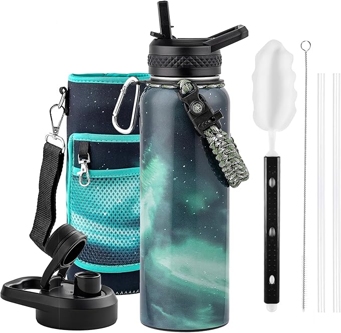 RAYMYLO Insulated Water Bottle 40 oz, Triple Wall Vacuum Stainless Steel (Cold for 36Hrs, Hot for 18Hrs), Leak Proof & Non-BPA, Modern Water Flask Jug with Paracord Handle & Straw Spout Lids